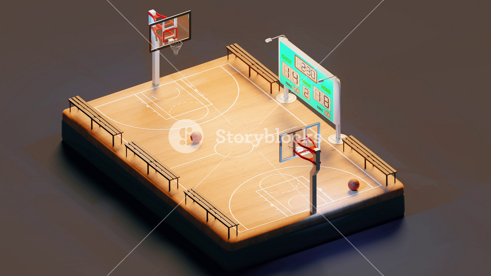 3D isometric animation of modern basketball court with scoreboard balls and benches for fans against brown background