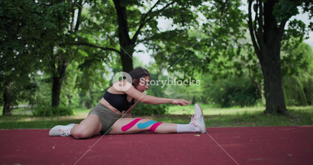 A Young Athletic Woman in Sportswear Stretches Her Leg on a Red Running Track in a Park, Her Dedication to Fitness and Injury Prevention
