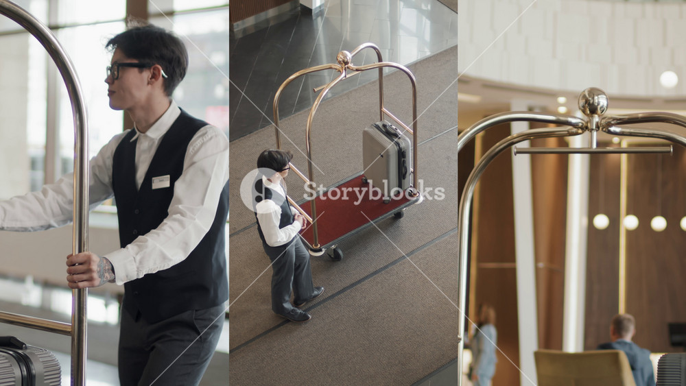Split screen shot of young Asian bellhop in uniform and glasses working in modern luxurious hotel, putting luggage in cart in lobby and porting to rooms