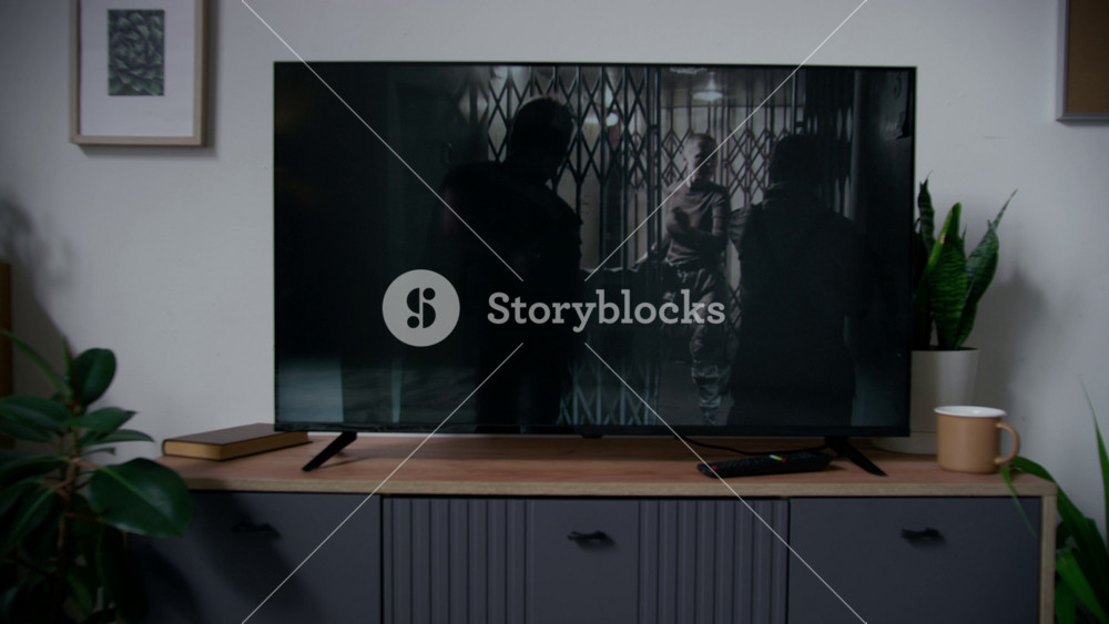Medium shot of modern flat-screen digital TV in family home, with post-apocalyptic survival movie playing. Young woman escaping from aggressive zombies, shutting gate and shooting gun