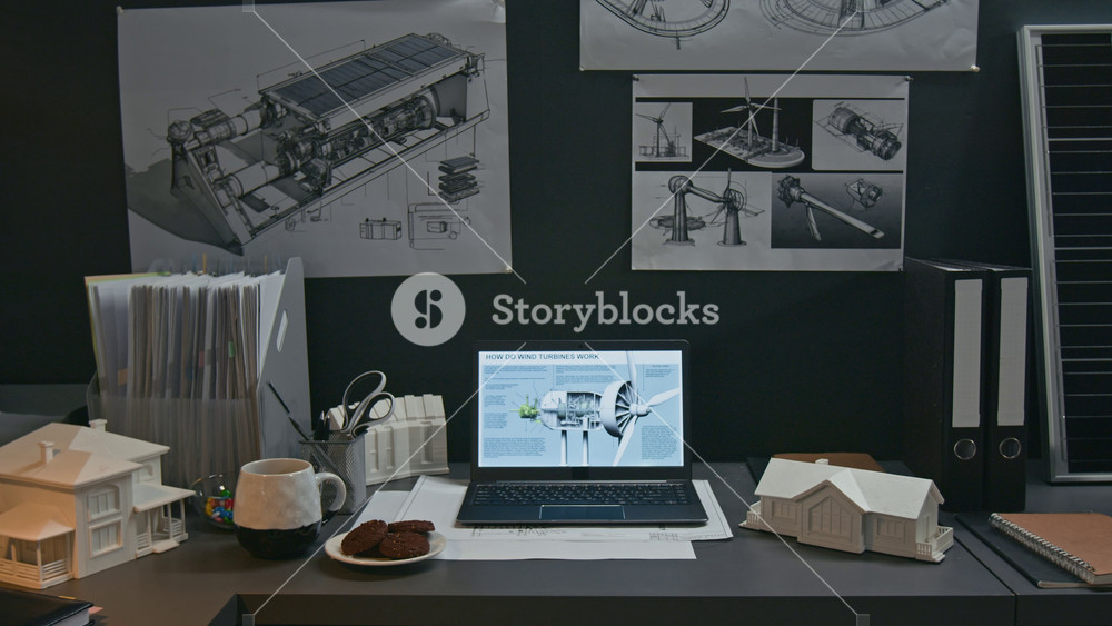 No people shot of 3D digital wind turbine model with horizontal-axis rotor blades on laptop monitor in desk near building maquettes, documents and technical drawings in renewable energy office