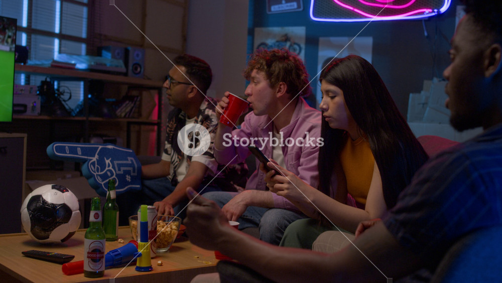 Side view shot of young Latin American woman holding smartphone with betting app on screen while watching sports match with multiethnic group of friends and cheering for win