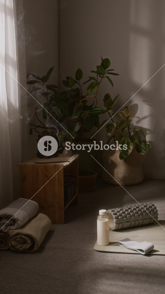 No people vertical establish shot of exercise room at home, yoga mat on floor, smoldering incense, back roller, elastic band, water bottle, houseplants in corner, suggesting private spiritual practice