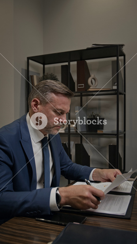 Medium vertical shot of fatigued senior Caucasian male attorney working late at night at law firm office, reviewing evidence and paperwork while preparing for court litigation on deadline