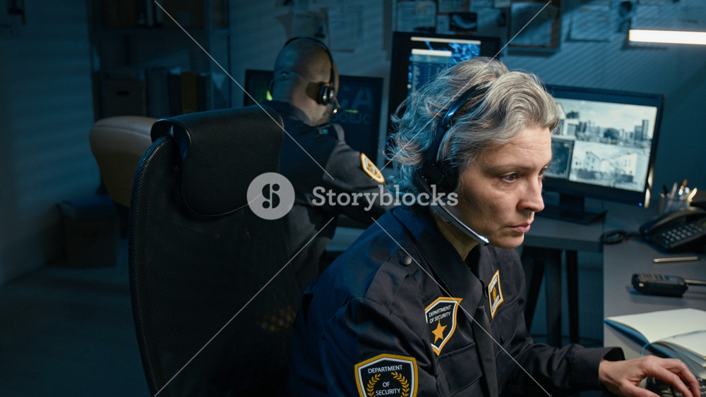 Cinematic side view shot of adult female dispatcher at police station and answering calls via headset while sitting at desk and watching monitors at night