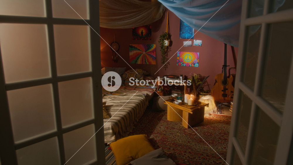 Dolly-in no people shot of cozy hippie-style bedroom in retro 70s home, with bed, rug, burning incense stick and candles on table, guitar, drum, vinyl record player, bright tiedye posters on wall