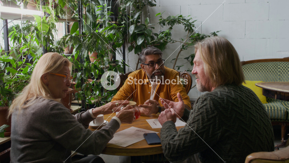Medium shot of three mature multiethnic male and female friends sitting at table in quaint green cafe, chatting, woman pouring tea for companions, while waitress is bringing in cup of coffee