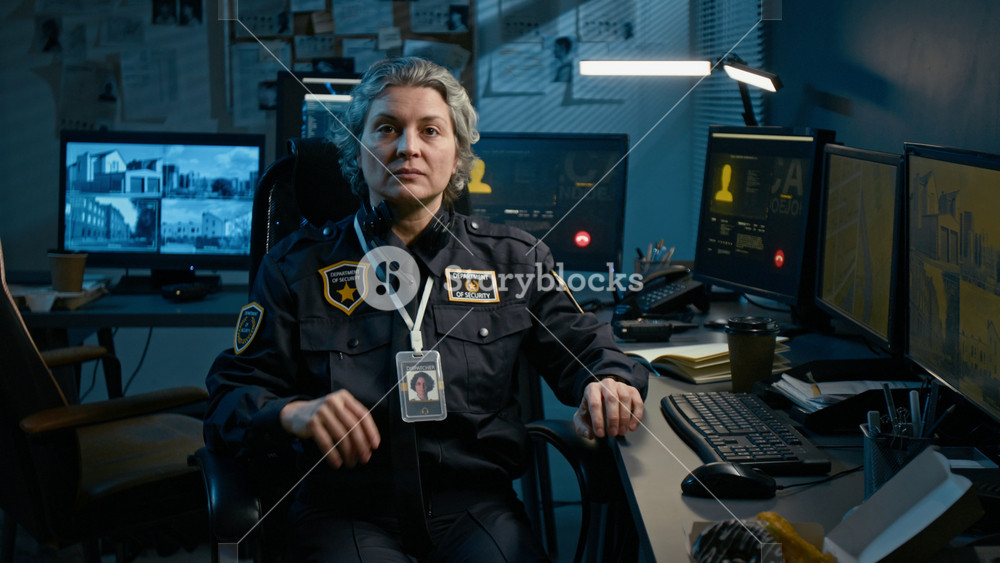 Medium shot of mature female dispatcher at desk in police station and taking off headset turning looking to camera at night