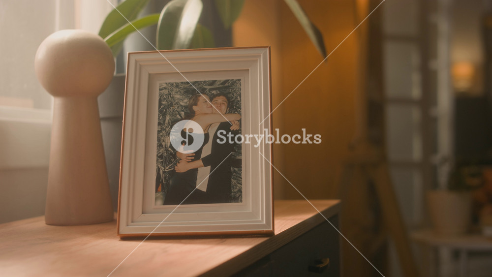 Close up shot of elegant white picture frame set on table with plants in background photo showing happy young couple embracing at party, no people, copy space