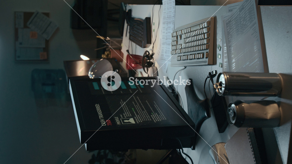 Full vertical shot of work desk of employee at criminal scam call center, computer on desk displaying victims personal information, printouts of money transfers on table, empty energy drink cans