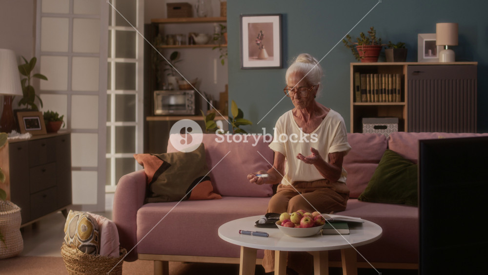 Full shot of senior grey-haired Caucasian woman with diabetes, wearing eyeglasses, sitting on couch in living room, testing blood glucose, stabbing finger with lance, inserting strip into meter