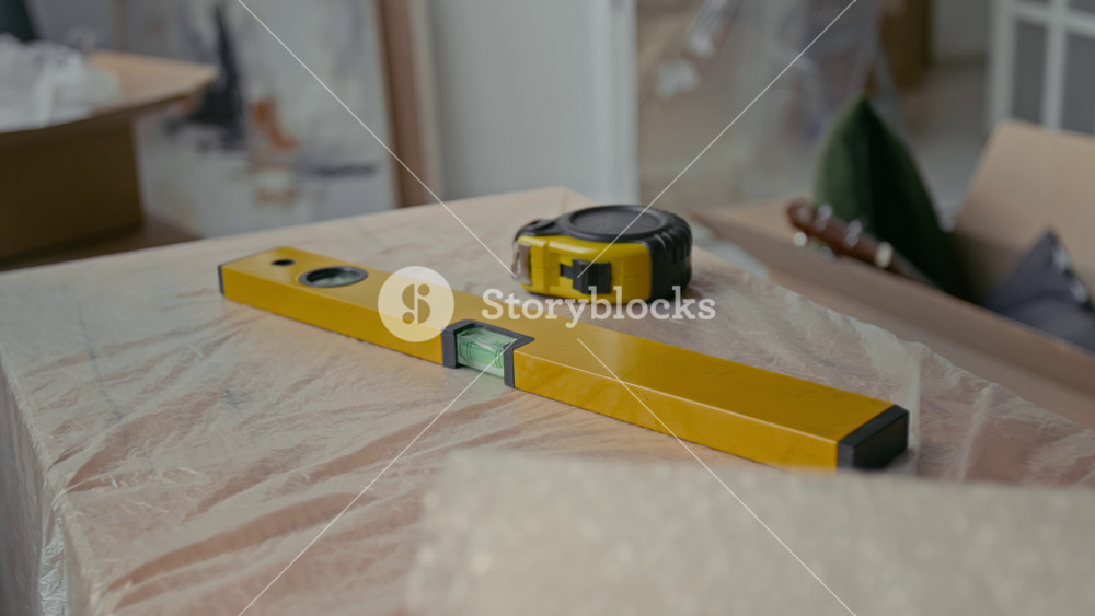 Yellow plastic handtool for checking surface level and rolled measuring tape lying on wooden piece of furniture covered with cellophane in domestic room of new flat