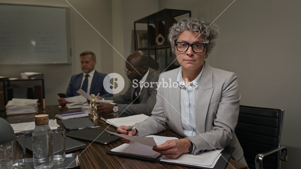 Medium portrait of mature Caucasian female legal firm partner, wearing beige suit, glasses sitting at table in meeting room, reviewing documents on current case, looking at camera suggesting authority