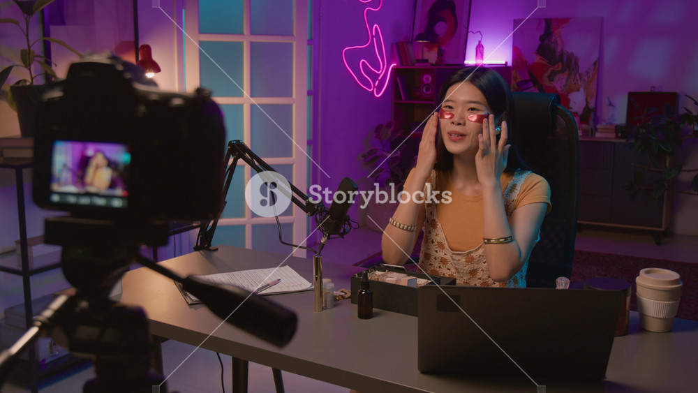 Medium full shot of smiling Chinese female blogger trying on eye patches in front of camera during live show on social media or online web store, while talking to subscribers to advertise benefits