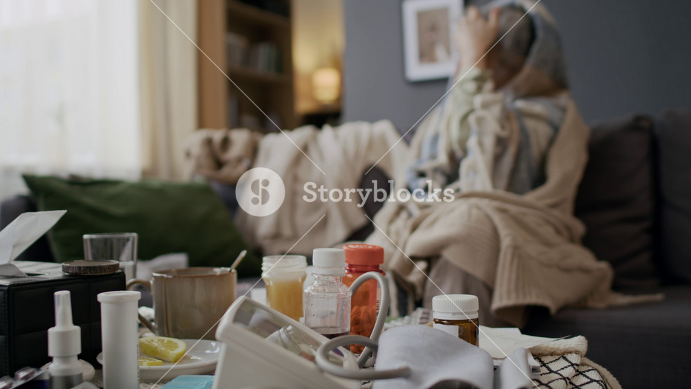 Medium selective focus shot of medications, hot tea with lemon and honey, blood pressure gauge on table at home of senior woman, sitting on couch with smartphone, suffering from flu virus