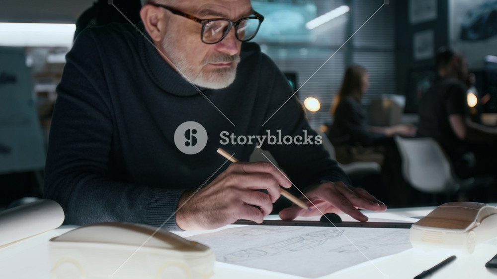 Medium closeup of senior Caucasian male industrial designer working on sketch of new crossover sedan car, carefully drawing on paper on light table with pencil and ruler