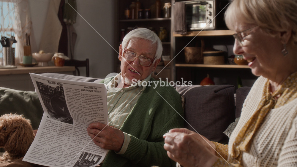 Senior Caucasian couple sitting on sofa with camera tilting up, woman knitting while man reads newspaper. Clip is ideal for retirement planning and senior lifestyle marketing