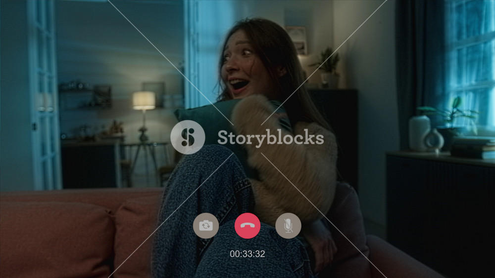 Young woman chatting with friend on video call in living room when doors flew open then girl shaking with fear scared by paranormal phenomenon of poltergeist in house at night