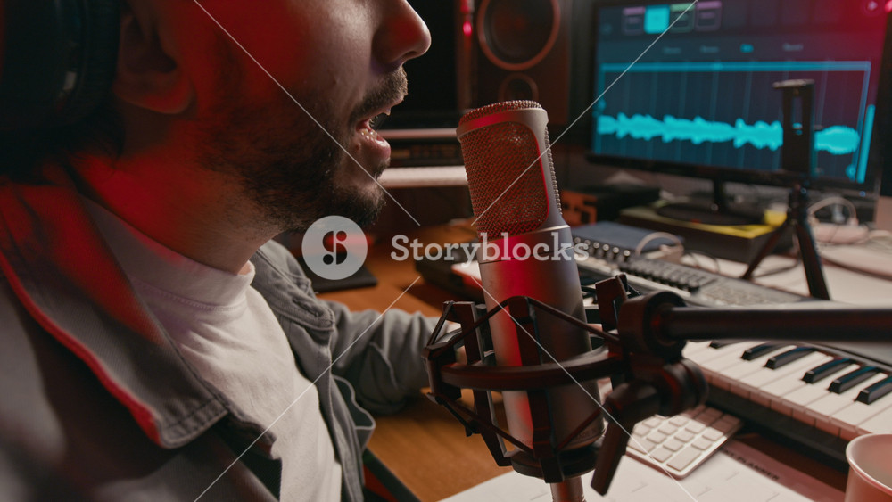 Side closeup of face of cheerful Caucasian male musician with dreadlocks, in headphones, speaking into microphone during streaming session in recording studio, with happy smile