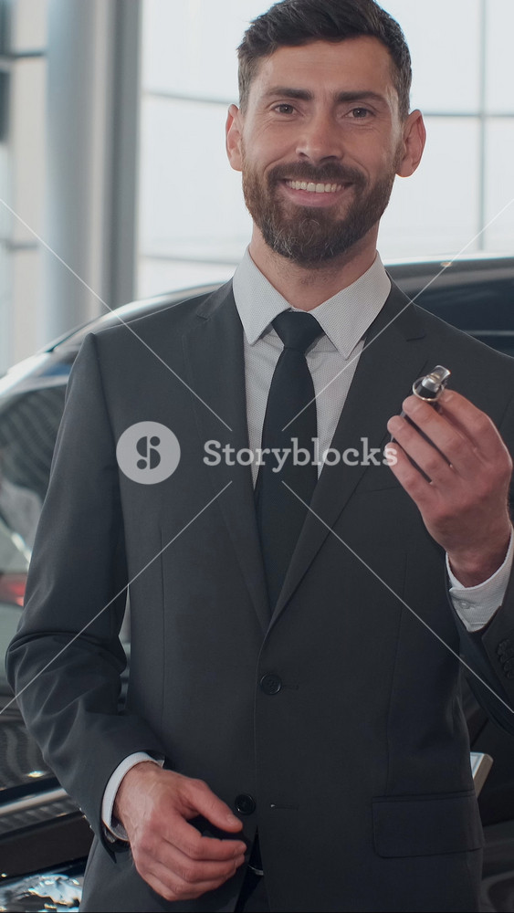 Vertical Video Professional car salesman smiling happily holding car keys standing in front of new cars at the dealership.