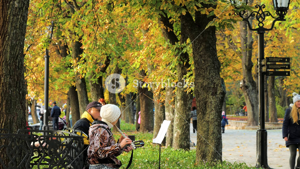 Chernihiv ukraine 16 october 2017 central city park with people walking on alley with benches in autumn autumn with yellow foliage on trees people walk on autumnal city park people rest in park