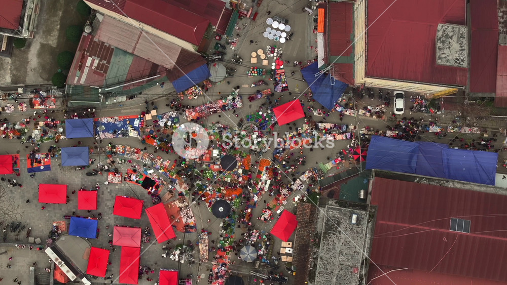 Time lapse of Hmong Market in Meo Vac, Dong Van District, Ha Giang Province, Vietnam. Weekend, ethnic minorities. Aerial