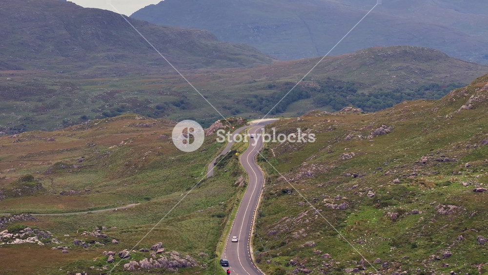 Killarney National Park in Kerry Ireland, Ladies View, Hilly Mountain Road, Lakes and Cloudy Weather. Aerial Drone Shot.