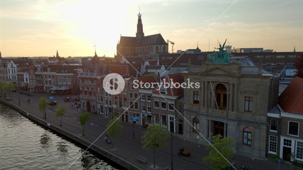 Aerial view on a Haarlem town, the former Capital of the Netherlands. Filming from the air with a drone at sunset Time.