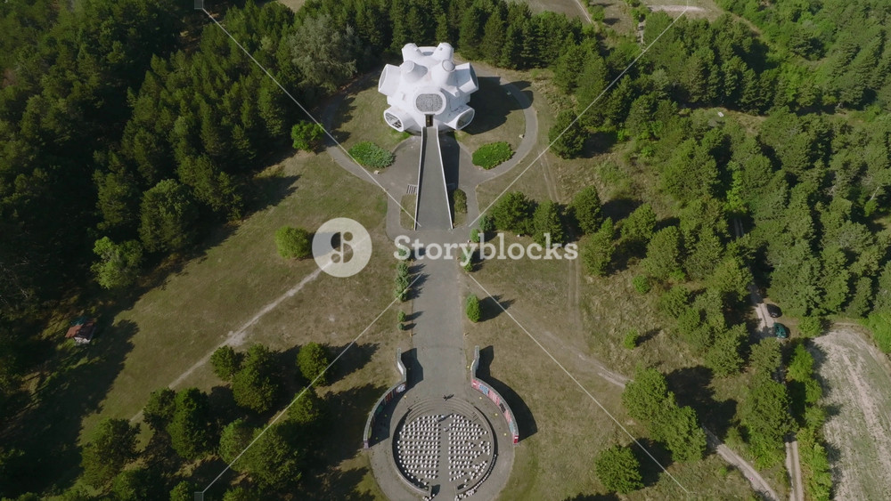 Aerial Approaching revealing shot of Ilinden, Krusevo spomenik, a memorial for the uprising and partisan in Macedonia