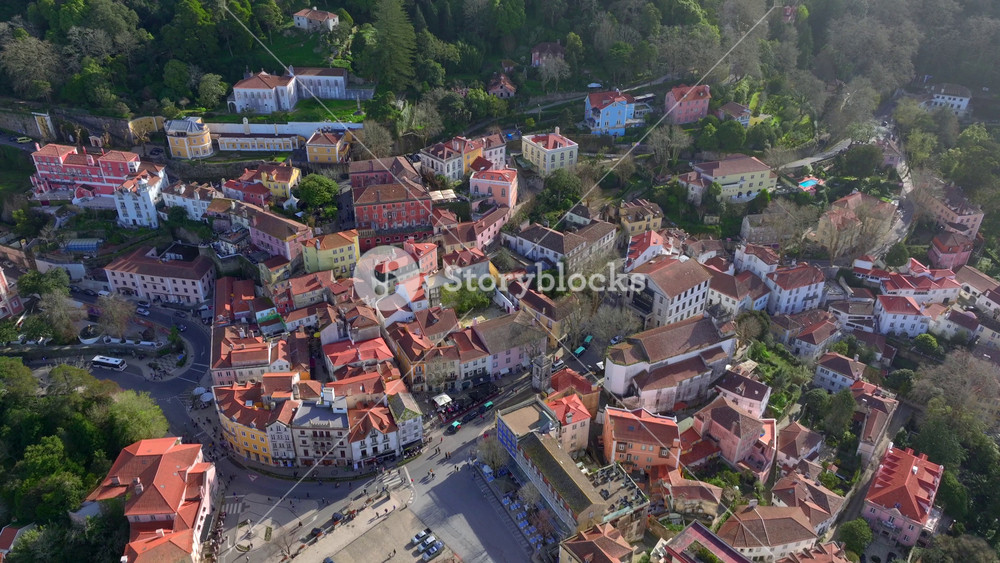 Sintra City near Lisbon, Portugal, Europe - Aerial Drone Shot. Fairytale Castles are part of UNESCO world heritage site.