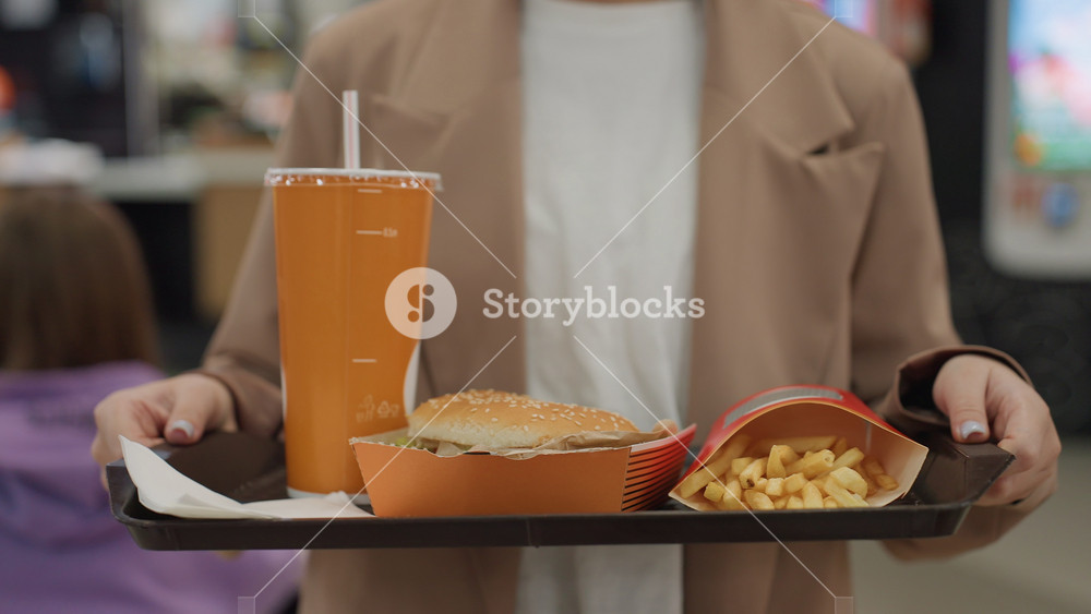 caucasian woman carrying fast food tray with burger fries and drink in busy mall food court, beige coat, closeup hands and manicured nails