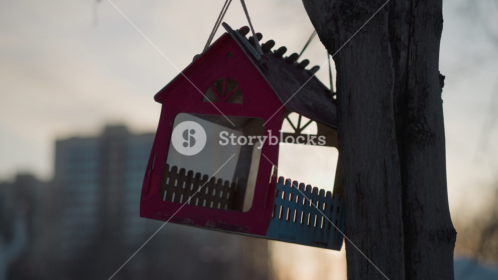 Close up of miniature house hanging on tree with sun glow in background, green lens flare, blurred winter urban background, red wooden house