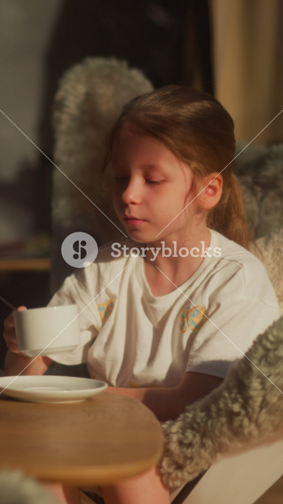 Children chat drinking warm beverages at home. Girl speaks to boy at table. Little brother and sister rest before going to bed in hotel room