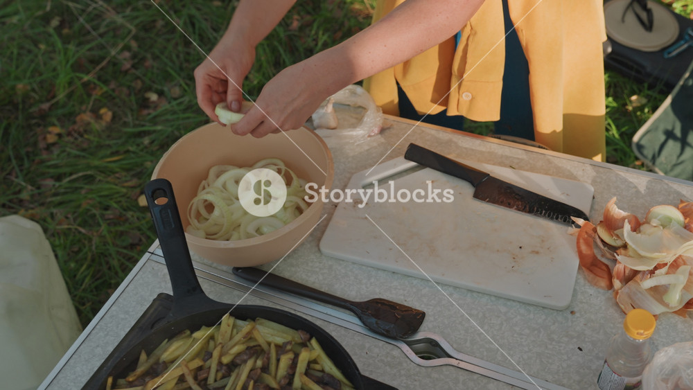 Onion rings in bowl on picnic, caucasian woman prepping campsite meal with cutting board and peelings, skillet of green beans, backpack and