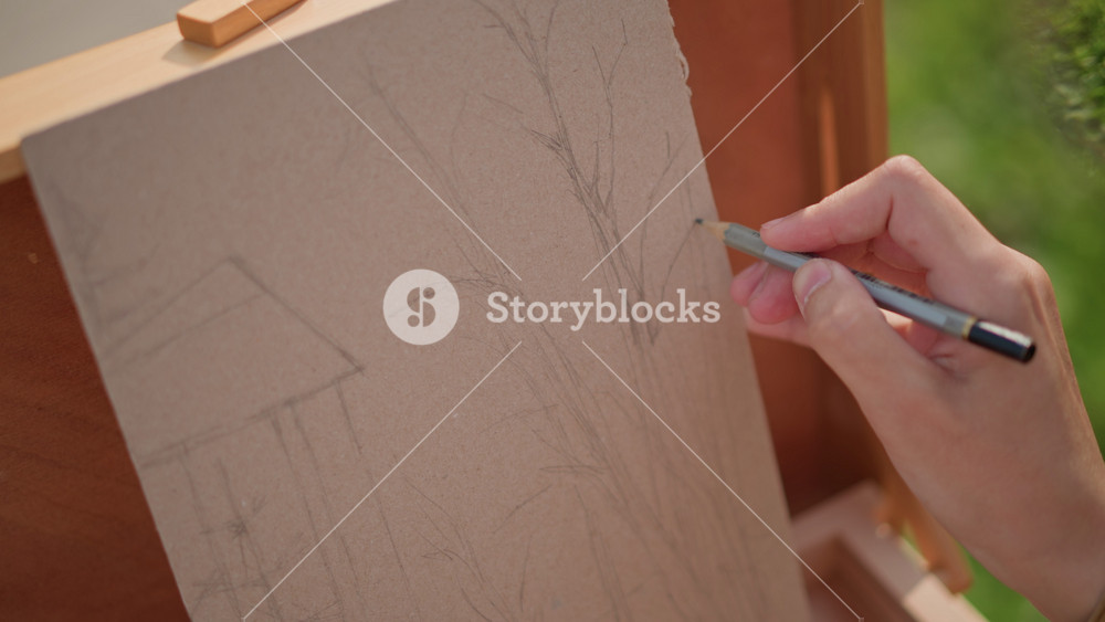 Artist draws building outside nature. Artist captures house and park scene with gentle pencil touches. Sketching building outdoors in park