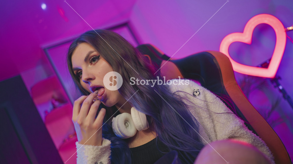 Elegant lady with long hair and headphones around neck sits on gaming chair eating popcorn with focused expression against vibrant pink and