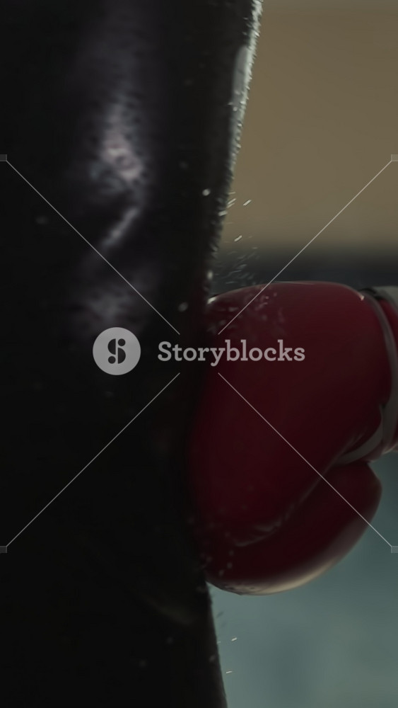 Boxing trainer hand in professional glove hits punching bag with power in gym with equipment. Male expert goes in for sports and gains