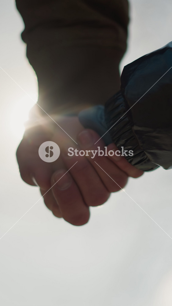 A close-up of an adult and a child holding hands, illuminated by the soft glow of sunlight, with blurred view of a tree, the child is