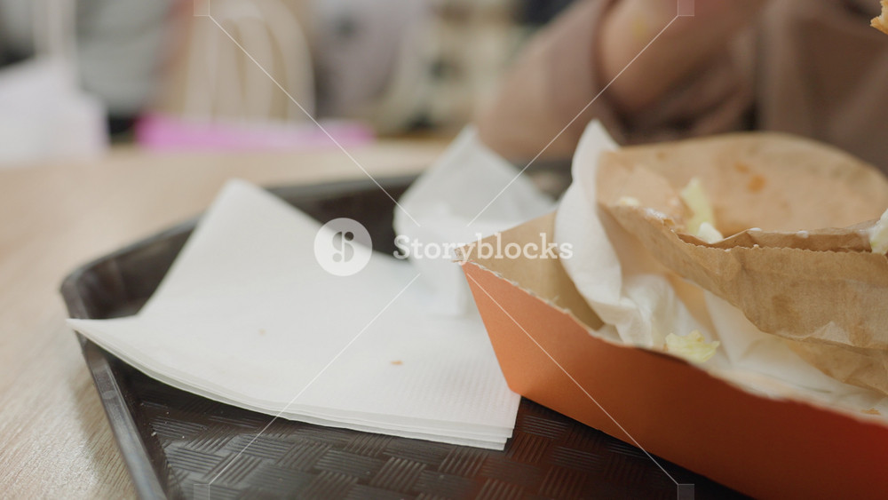 messy lunchtime cleanup pending, spilled crumbs and greasy stains remain, stationary container with remnants of rushed meal, unattended food