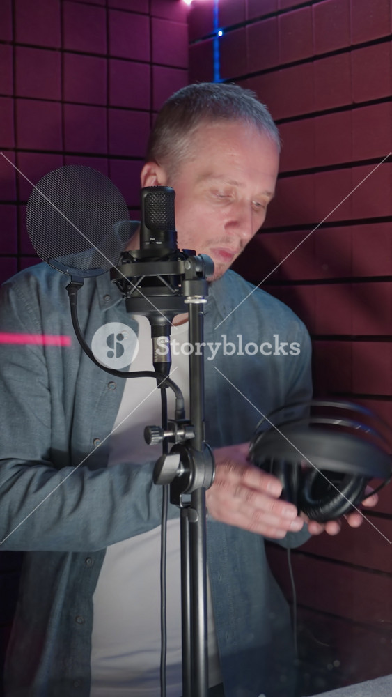 A man in a blue shirt and white inner shirt enters a red soundproof room, approaches a microphone, and takes a pair of headphones as he