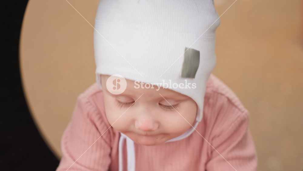 Closeup Of Baby With Soft Cheeks, Adorable Infant In Cozy Beanie Showing Serene Innocence, Very Close Photograph Of Baby With Gentle Cheeks