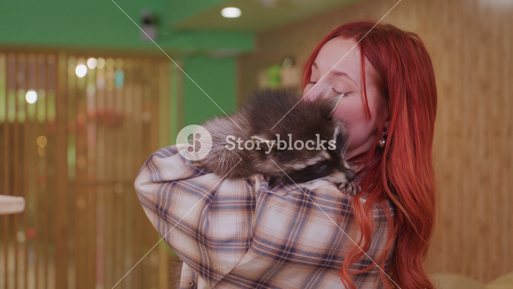 Redhead caucasian woman cuddling raccoon in cozy green pet cafe, plaid shirt, wooden walls, warm string lights, gentle nuzzle, soft fur