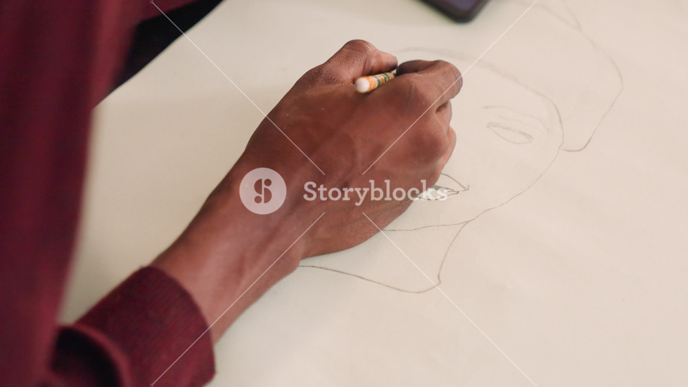 Closeup of artisan meticulously enhancing artwork with fine pencil lines. Focused artist carefully applying meticulous pencil details to