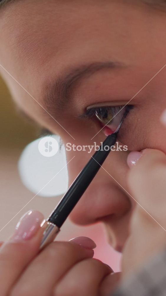 Youthful eye definition, Teen girl carefully tightlining with pencil near lash roots indoors, Young girl practices delicate upper waterline