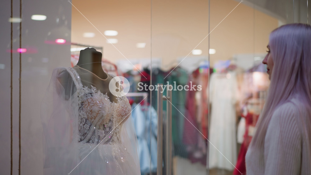beautiful wedding gown behind glass display in mall boutique as lady stands admiring intricate lace details and sparkling embellishments