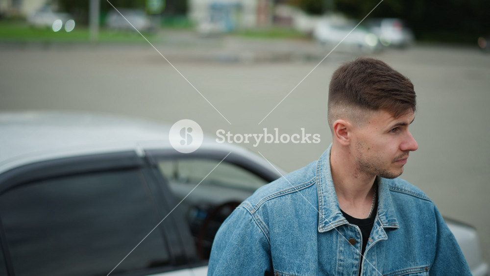 Young male beside parked silver vehicle, Young man with short hair by city car in casual stance, Male individual in denim jacket observing