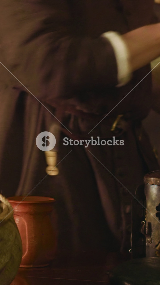 Attendant pours drink to knight mug in tavern closeup. Careful innkeeper gives jug of wine to warrior in armour at medieval inn. Adventurer