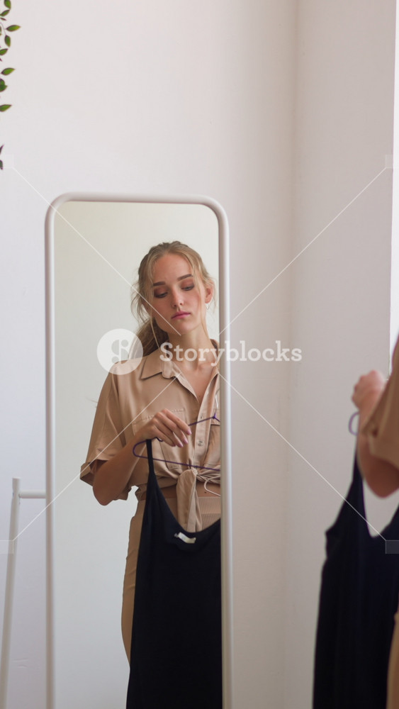 Hesitate young woman with ponytail chooses perfect feminine dress for date looking at reflection in mirror in contemporary fitting room slow