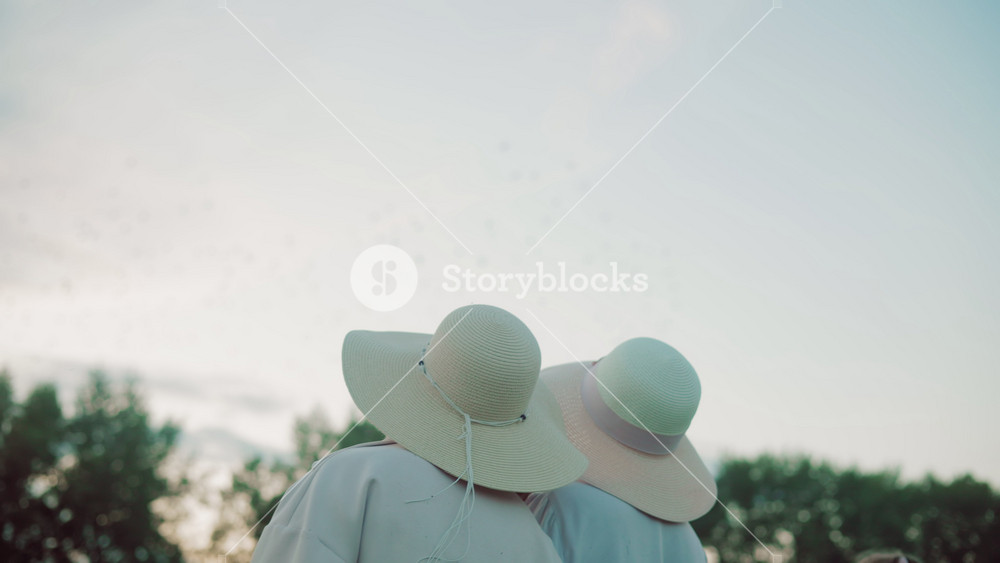 Beautiful view of nature as a large flock of birds soars across the sky while people in hats stand together in the background watching the