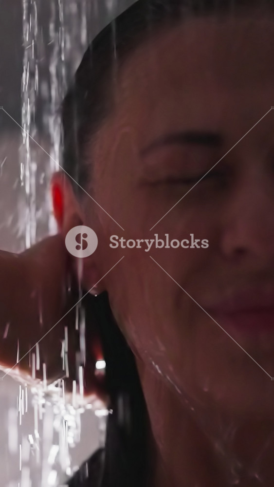 Woman relaxes in water sprays of shower closeup. Pretty lady with closed eyes and wet hair enjoys refreshing sprays in bathroom. Spa care